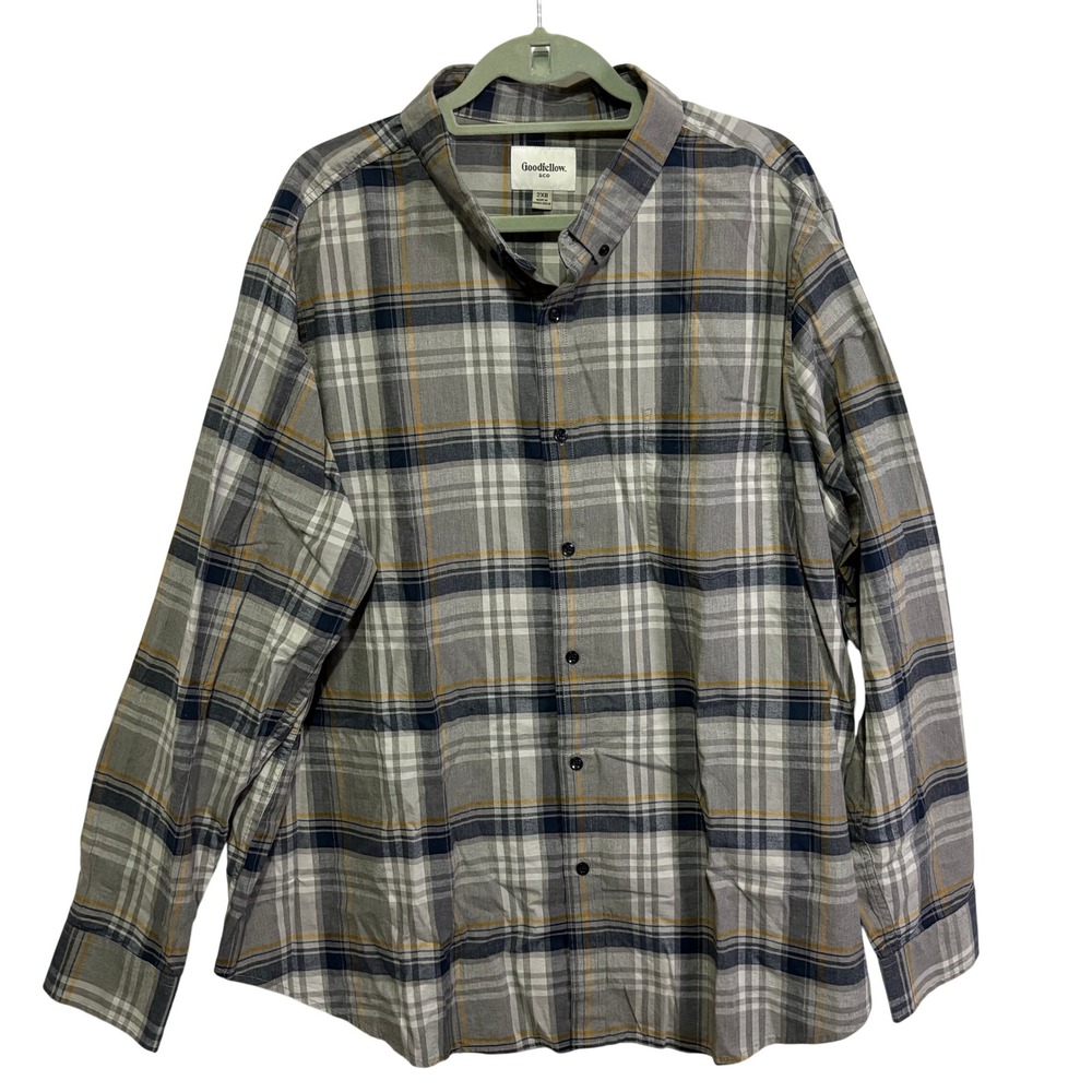 Goodfellow & Co Mens 2XB Northrop Plaid Button Down Shirt Grey Navy Yellow